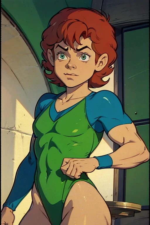 a redhead cartoon character dressed in a green leotard, very muscular, a young male wizard, 1980s cartoon, animated episode still, Presto (((mad)))