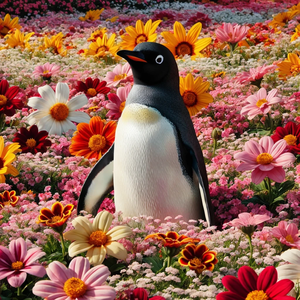 A penguin with real eyes standing amidst a vibrant, blooming flower field, highlighting the contrast between its cold habitat and the warmth and life of the flowers.