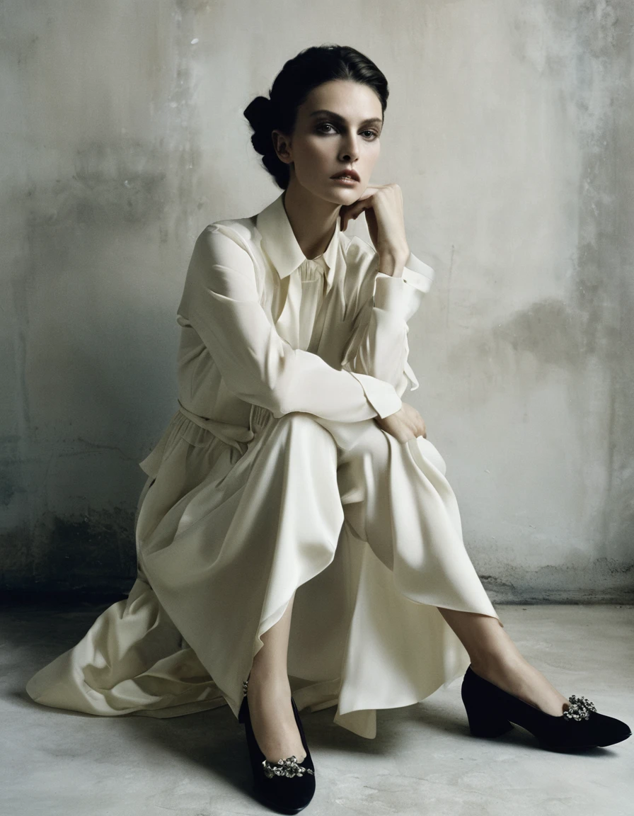 agraffe sitting on the floor with her legs crossed and her hand on her knees, in the style of paolo roversi, by Marie Vassilieff, Vogue Italy, photo from Vogue magazine, by Emma Andijewska, by Marie Bashkirtseff, vogue magazine editorial, by Silvia Pelissero, inspired by Marie Bashkirtseff
