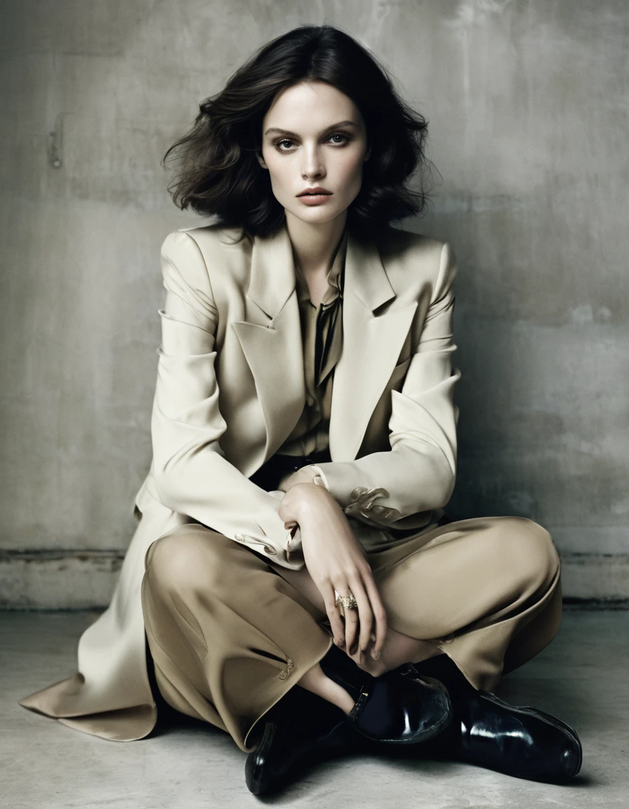 agraffe sitting on the floor with her legs crossed and her hand on her knees, in the style of paolo roversi, by Marie Vassilieff, Vogue Italy, photo from Vogue magazine, by Emma Andijewska, by Marie Bashkirtseff, vogue magazine editorial, by Silvia Pelissero, inspired by Marie Bashkirtseff