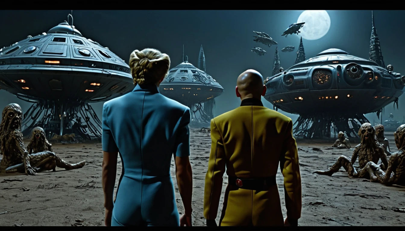 in (full medium shot:3.1) in (back view:3.1) of various characters with a starship in the background from a film for slaves from beyond infinity, futuristic apocalypse, detailed, moody, epic, altered reality, insane, disgusting, disturbing, impactful, inspired by Clyde Caldwell and Ed Emshwiller, stalenhag, (with Creepy, Sci- Fi, Fantasy and Horror: 2.9) retro sci-fi, horror film, detailed glass, Kodak Vision3, (intricate details: 2.4), ( hyperdetail: 3.1), (8k resolution: 3.1), (high detail: 4.1), lots of details, high quality, soft light (cinematic: 3.3), masterpiece, dramatic atmosphere, atmospheric perspective, (impactful art: 2.8), rich colors, 3D rendering