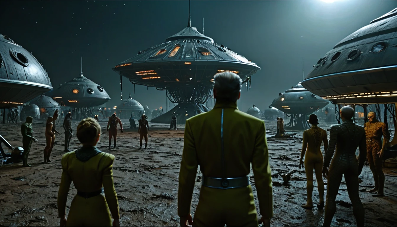 in (full medium shot:3.1) in (back view:3.1) of various characters with a starship in the background from a film for slaves from beyond infinity, futuristic apocalypse, detailed, moody, epic, altered reality, insane, disgusting, disturbing, impactful, inspired by Clyde Caldwell and Ed Emshwiller, stalenhag, (with Creepy, Sci- Fi, Fantasy and Horror: 2.9) retro sci-fi, horror film, detailed glass, Kodak Vision3, (intricate details: 2.4), ( hyperdetail: 3.1), (8k resolution: 3.1), (high detail: 4.1), lots of details, high quality, soft light (cinematic: 3.3), masterpiece, dramatic atmosphere, atmospheric perspective, (impactful art: 2.8), rich colors, 3D rendering