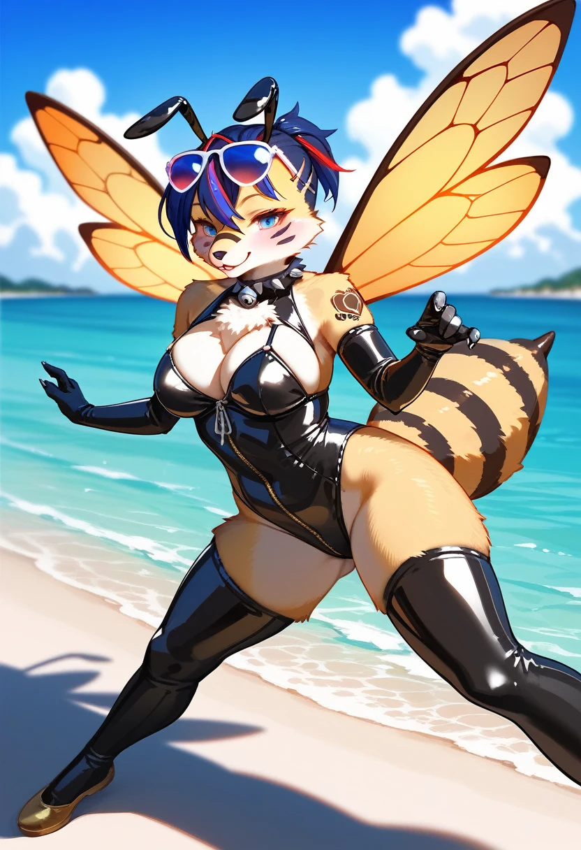 Highest quality, Highest quality, High quality illustrations, masterpiece, Ultra-high resolution, Detailed Background, beach, Absurd, Perfect Anatomy, performance, Good lighting, Shadows in the movies(kemono, Furry Personifi猫ion), latex, neon, neonカラー, cyber punk, Bee costume, Bee Cosplay, Rubber bee tail, Bee Wings, enamel, sunglasses, Tattoo, Dynamic Angle