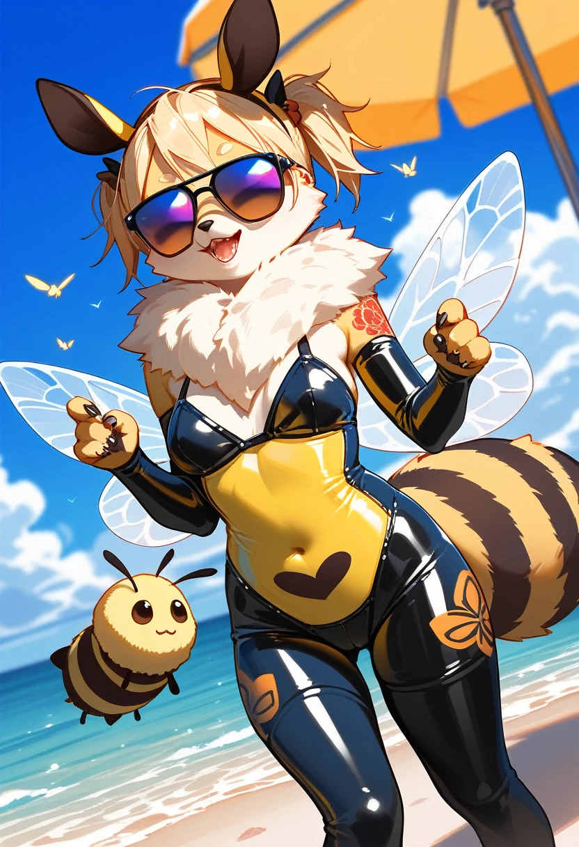 Highest quality, Highest quality, High quality illustrations, masterpiece, Ultra-high resolution, Detailed Background, beach, Absurd, Perfect Anatomy, performance, Good lighting, Shadows in the movies(kemono, Furry Personifi猫ion), latex, neon, neonカラー, cyber punk, Bee costume, Bee Cosplay, Rubber bee tail, Bee Wings, enamel, sunglasses, Tattoo, Dynamic Angle