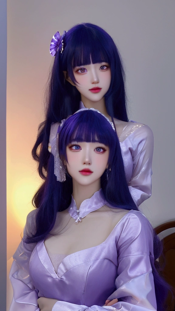  ulzzang-6500-v1.1,(raw photo:1.2),((photorealistic:1.30)), ((best quality)) ,((masterpiece)),((Ultra High Resolution)), ((Clear View)),,Ultra-high resolution,Clear face,（Reality：1.4) ,  illustration, an extremely delicate and beautiful, extremely detailed ,CG ,unity ,8k wallpaper, Amazing, finely detail, masterpiece,best quality,official art,extremely detailed CG unity 8k wallpaper,absurdres, incredibly absurdres, huge filesize, ultra-detailed, highres, extremely detailed,beautiful detailed girl, extremely detailed eyes and face, beautiful detailed eyes,light on face,cinematic lighting, 1girl, 独奏, long hair, purple hair, bangs, hair ornament, purple eyes, dress,