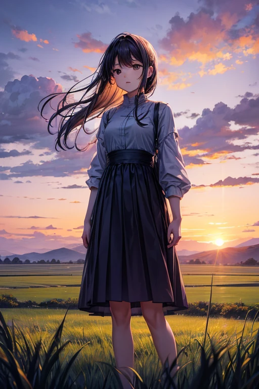 Highest quality、Landscape painting、Standing alone in the vast grassland、At dusk、Light purple sky