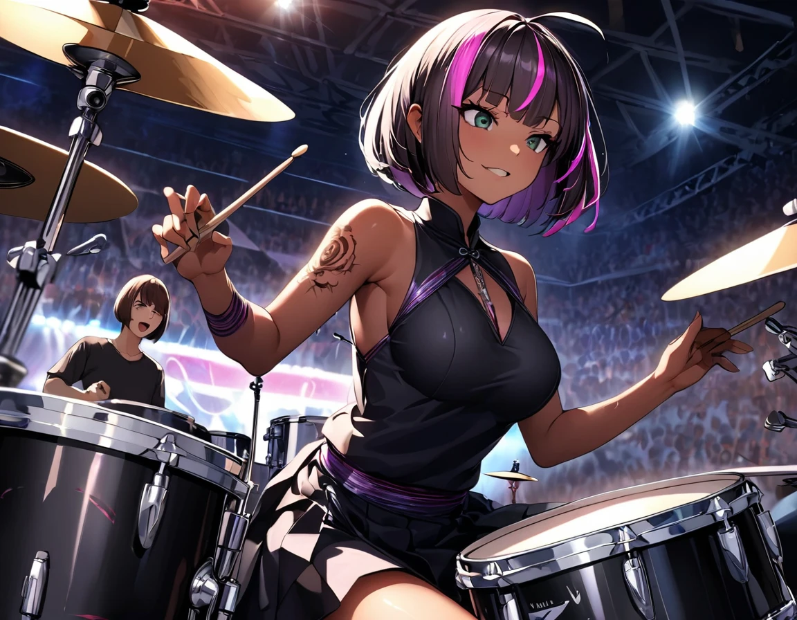 (highest quality:1.2, Very detailed, up to date, Vibrant, Ultra-high resolution, High Contrast, masterpiece:1.2, highest quality, Best aesthetics), girl, 独奏, slim, ((drummer:1.8)), heterrochromia, green eye, red eye, Passionate performance、stage、Bright colors、Beautiful fine details、Beautiful lip detail、extra short hair, ((bob cut:1.5))、pink and purple ((streaked hair:1.9)), (highlights hair: 1.6), middium breast, (tan skin:1), Concert Light、Edgy Style、colorful Cheongsam, (no sleeve:1)、Dynamic Movement、hypnotic sounds, (girl playing a drum set,drum performance,drums,Drumstick,sitting:1.2), (The drum set includes Bass Drum, Floor tom, Snare drum, Rack tom, Hi-hat, Crash cymbal, Ride cymbal:1.3))), sitting drum chair in drum sets, Stadium、amplifier、Loud music、,Sparkling stage、Concert atmosphere、Music Festival、Full of emotion、Rock star attitude、Resolute expression、Avid Fan、The presence of an attractive stage、 Expressive gestures、Rock star aura、An exciting atmosphere、An unforgettable show, (Floral Fineline tattoo design on right arm:1), side view