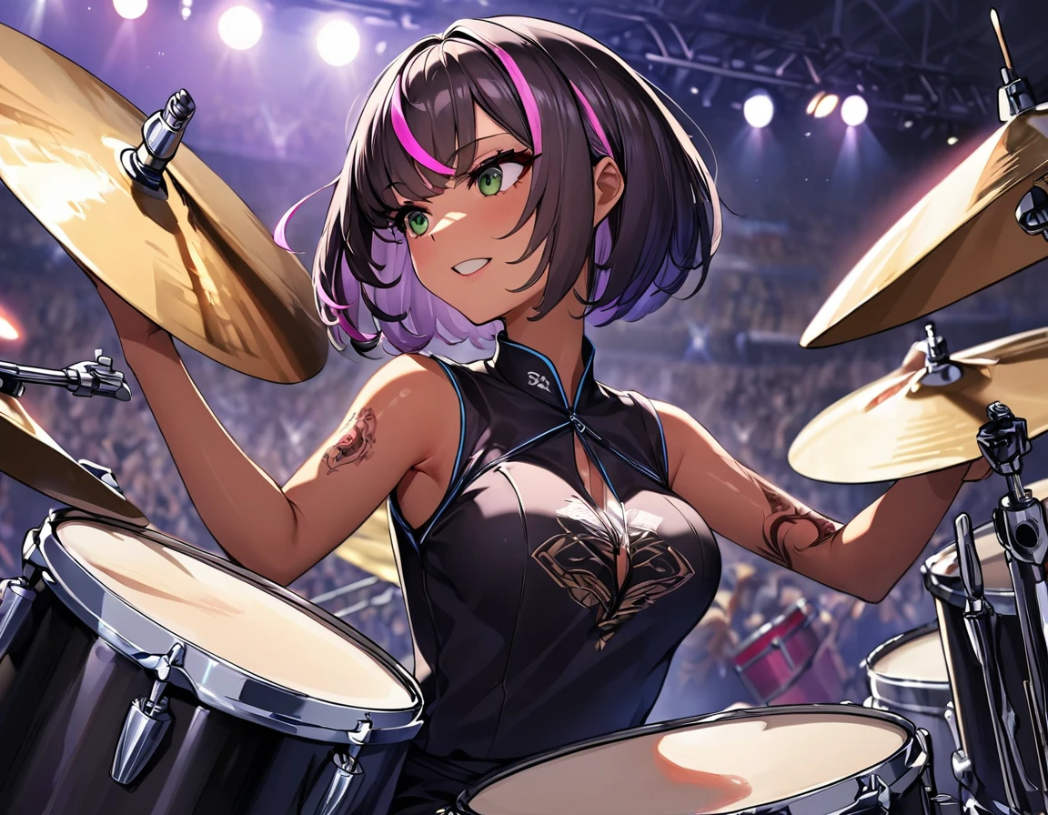 (highest quality:1.2, Very detailed, up to date, Vibrant, Ultra-high resolution, High Contrast, masterpiece:1.2, highest quality, Best aesthetics), girl, 独奏, slim, ((drummer:1.8)), heterrochromia, green eye, red eye, Passionate performance、stage、Bright colors、Beautiful fine details、Beautiful lip detail、extra short hair, ((bob cut:1.5))、pink and purple ((streaked hair:1.9)), (highlights hair: 1.6), middium breast, (tan skin:1), Concert Light、Edgy Style、colorful Cheongsam, (no sleeve:1)、Dynamic Movement、hypnotic sounds, (girl playing a drum set,drum performance,drums,Drumstick,sitting:1.2), (The drum set includes Bass Drum, Floor tom, Snare drum, Rack tom, Hi-hat, Crash cymbal, Ride cymbal:1.3))), sitting drum chair in drum sets, Stadium、amplifier、Loud music、,Sparkling stage、Concert atmosphere、Music Festival、Full of emotion、Rock star attitude、Resolute expression、Avid Fan、The presence of an attractive stage、 Expressive gestures、Rock star aura、An exciting atmosphere、An unforgettable show, (Floral Fineline tattoo design on right arm:1), side view