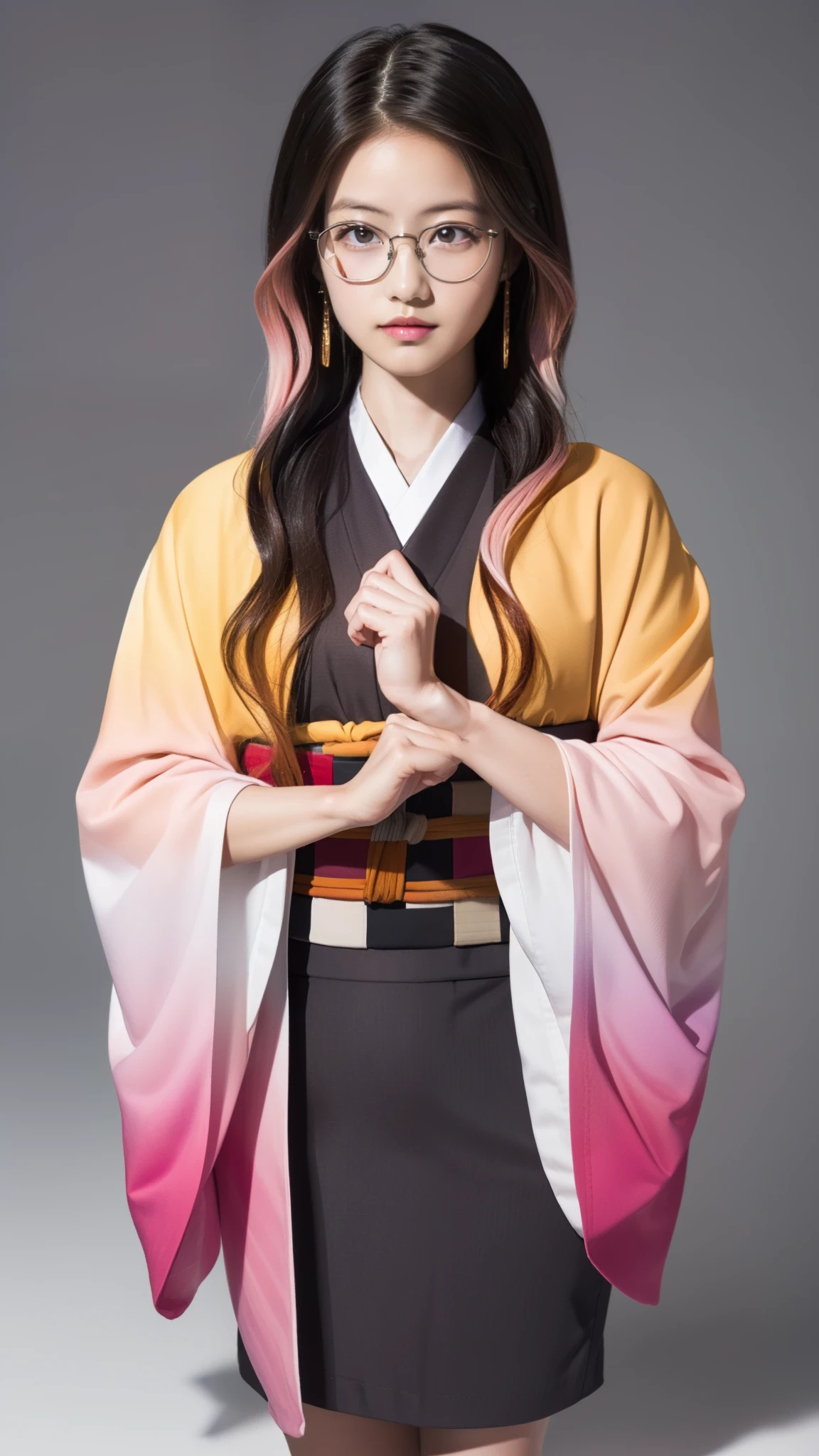 Cute Japanese woman, (************), (Very cute face), White moist skin, Looking at the camera, Melancholy expression, (Glasses: 1.4),
BREAK,
Idol,
BREAK,
(Wearing cute kimono: 1.3), (Highly revealing kimono), Very large earrings, Short length,
BREAK,
(Fighting pose: 1.1),
BREAK,
(Long hair), (Pink hair: 1.4), (Wavy hair), (Gradient hair: 1.3), (Red hair at the ends),
BREAK,
(Realistic: 1.3), Masterpiece, Perfect lighting, (Ultra high resolution), (8K), (Highly detailed: 1.4), (From the front), (Full body: 1.4), (Symmetrical: 1.2), (One shot),
BREAK,
(Shibuya city in Japan: 1.2),
BREAK,
(Demon Slayer: 1.4),
BREAK,
(Imada Mio: 1.4),