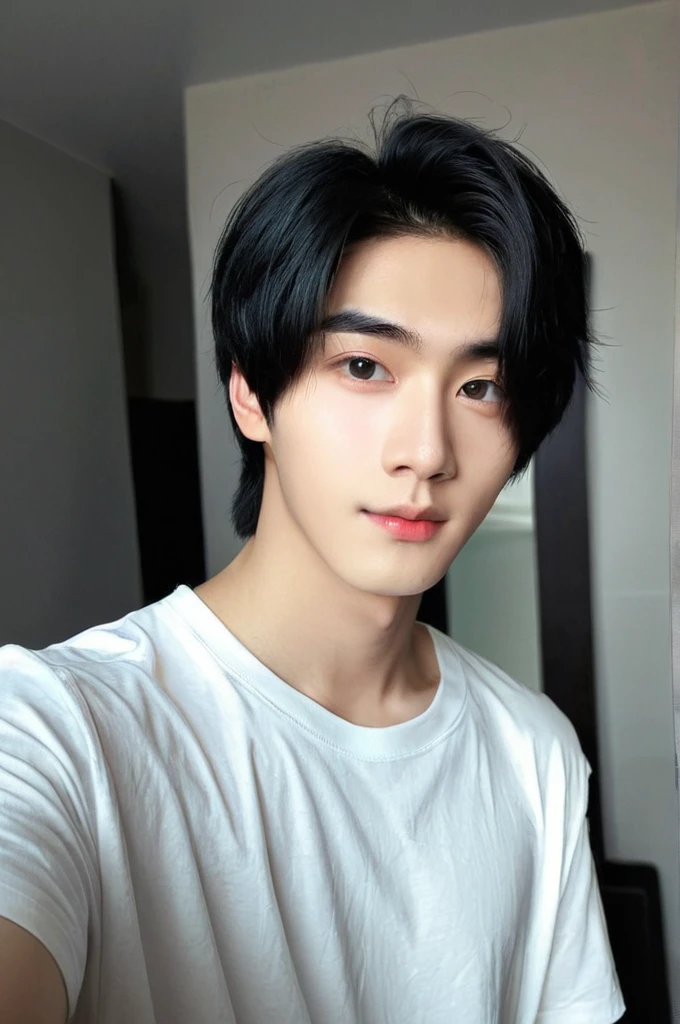 One boy, Young man with black hair ((Mash straight hair)),Male idol style, Medium size portrait, Oval Face, vivid,In a dark room Taking a selfie with your smartphone,(In a dark room)