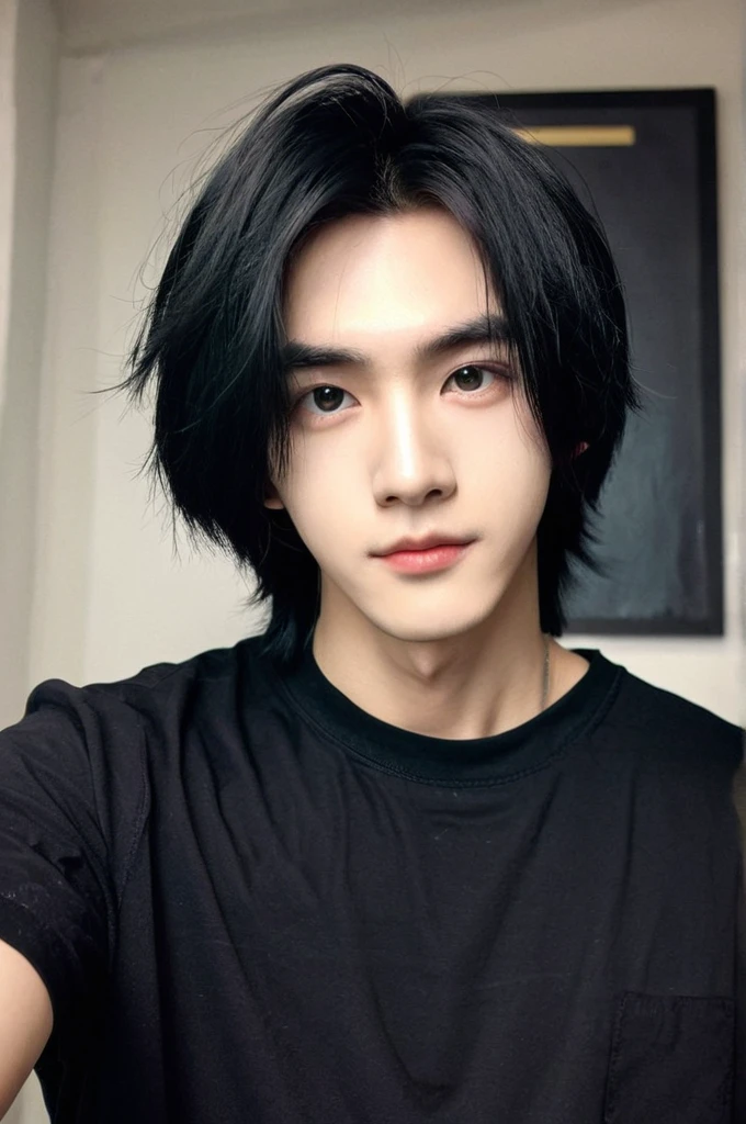 One boy, Young man with black hair ((Mash straight hair)),Male idol style, Medium size portrait, Oval Face, vivid,In a dark room Taking a selfie with your smartphone,(In a dark room)
