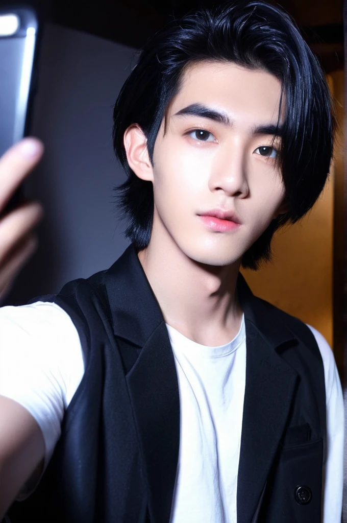 One boy, Young man with black hair ((Mash straight hair)),Male idol style, Medium size portrait, Oval Face, vivid,In a dark room Taking a selfie with your smartphone,(In a dark room)