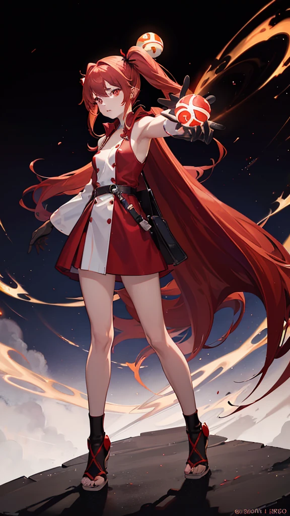 18 years old, red hair, pig tails hair, red eyes, in a full body robe with leggings, masterpiece, high quality, glowing energy ball in right hand, shoulders exposed, gloves, ready to fight pose, 4k, magician, glow effect, red energy intertwined in an atmospheric beauty