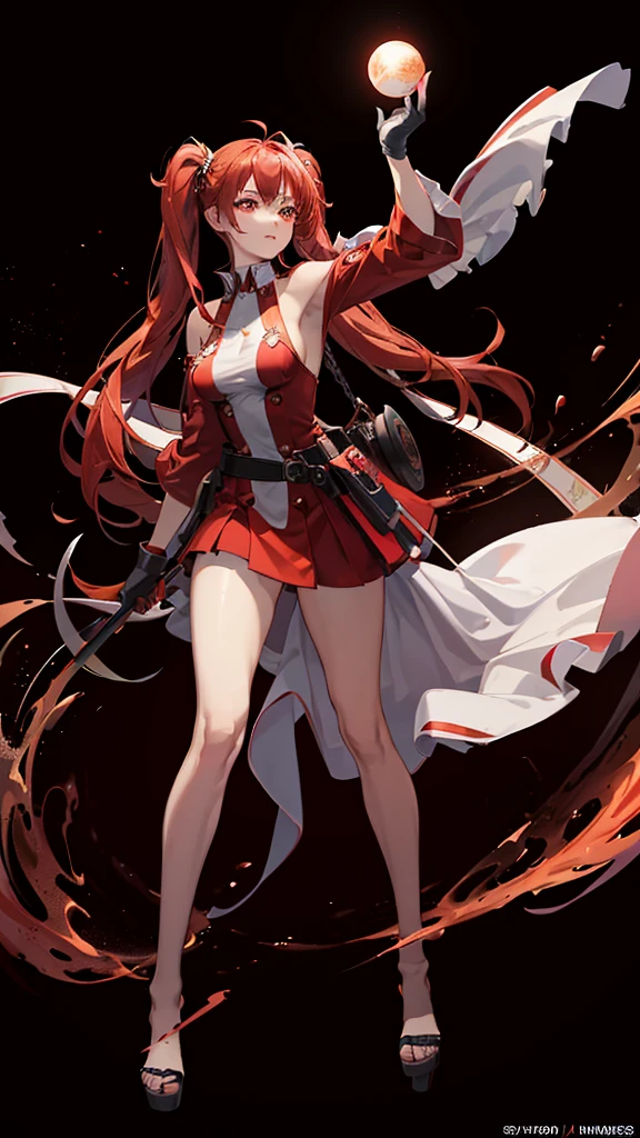 18 years old, red hair, pig tails hair, red eyes, in a full body robe with leggings, masterpiece, high quality, glowing energy ball in right hand, shoulders exposed, gloves, ready to fight pose, 4k, magician, glow effect, red energy intertwined in an atmospheric beauty