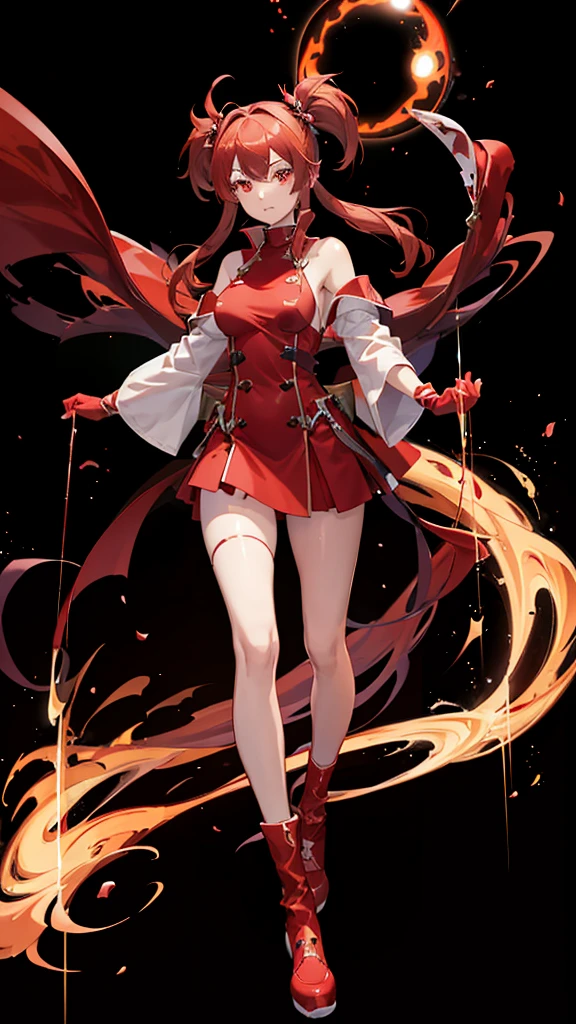 18 years old, red hair, pig tails hair, red eyes, in a full body robe with leggings, masterpiece, high quality, glowing energy ball in right hand, shoulders exposed, gloves, ready to fight pose, 4k, magician, glow effect, red energy intertwined in an atmospheric beauty