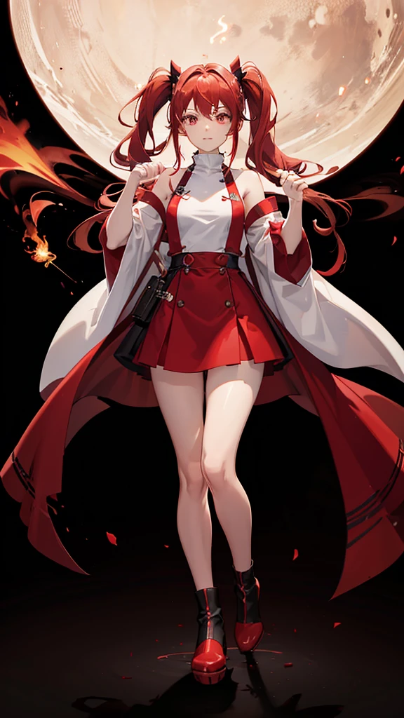 18 years old, red hair, pig tails hair, red eyes, in a full body robe with leggings, masterpiece, high quality, glowing energy ball in right hand, shoulders exposed, gloves, ready to fight pose, 4k, magician, glow effect, red energy intertwined in an atmospheric beauty