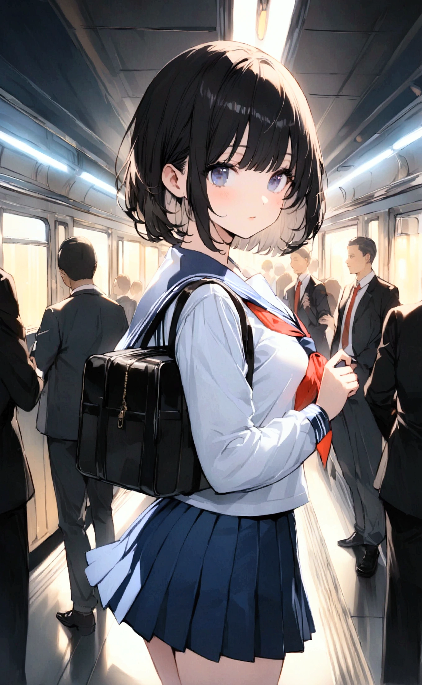 One Woman、crowd、Station platform、beautiful girl、Sailor suit、Pleated skirt、Hold a school bag with both hands、Age: 18、Bob Cut Hair, Highest quality, body type、Small 、Small ass、Black Hair,The train is coming、Black knee-high socks、Cowboy Shot、Ultra-fine images、Right behind me is an office worker