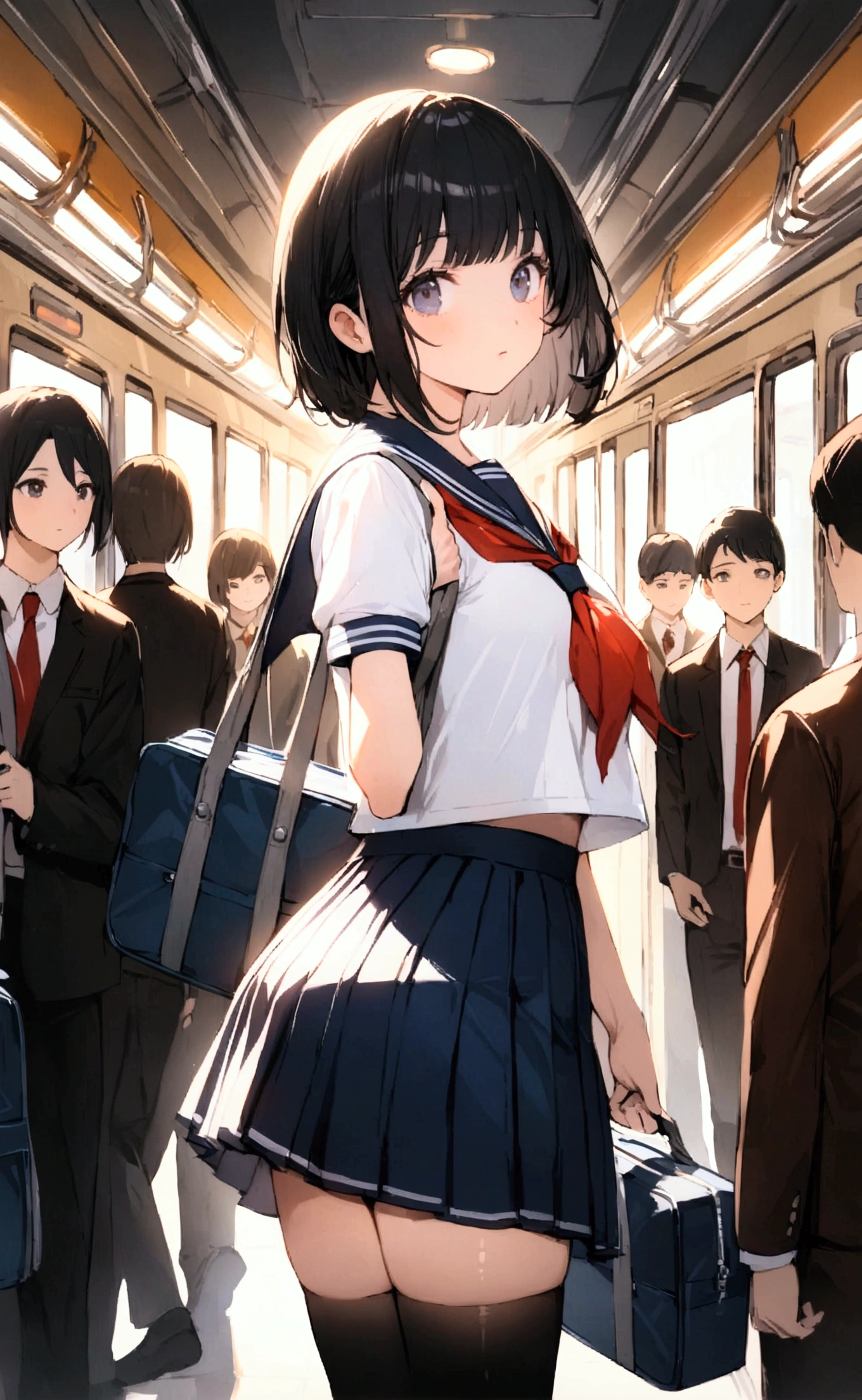 One Woman、crowd、Station platform、beautiful girl、Sailor suit、Pleated skirt、Hold a school bag with both hands、Age: 18、Bob Cut Hair, Highest quality,  body type、Small 、Small ass、Black Hair,The train is coming、Black knee-high socks、Cowboy Shot、Ultra-fine images、Right behind me is an office worker