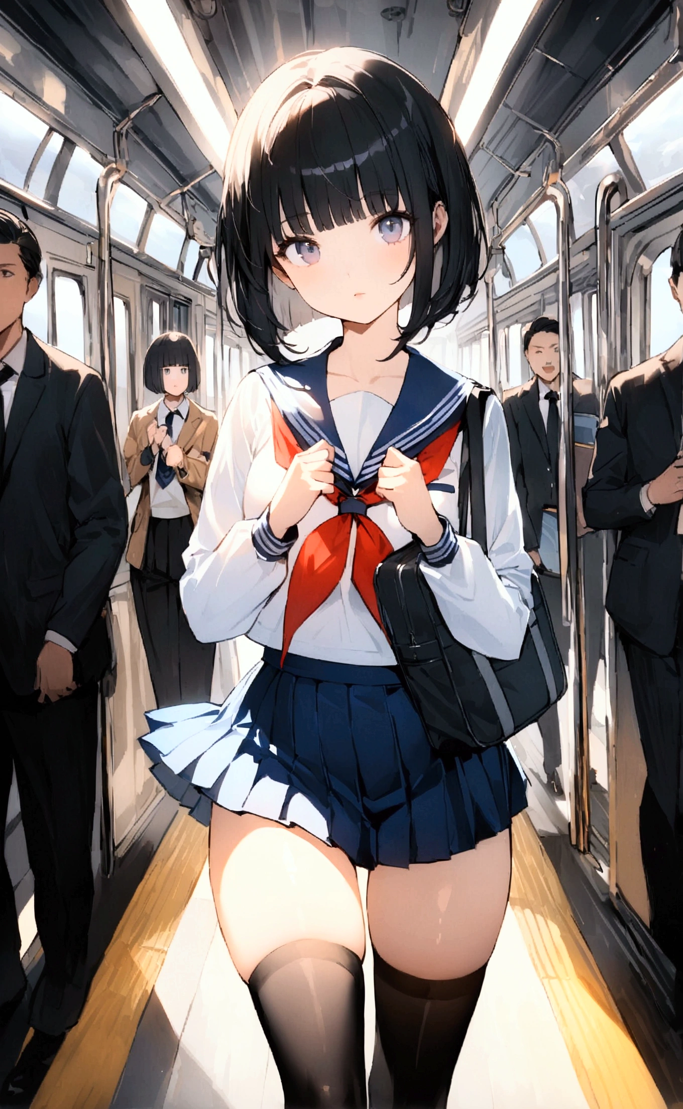 One Woman、crowd、Station platform、beautiful girl、Sailor suit、Pleated skirt、Hold a school bag with both hands、Age: 18、Bob Cut Hair, Highest quality,  body type、Small 、Small ass、Black Hair,The train is coming、Black knee-high socks、Cowboy Shot、Ultra-fine images、Right behind me is an office worker