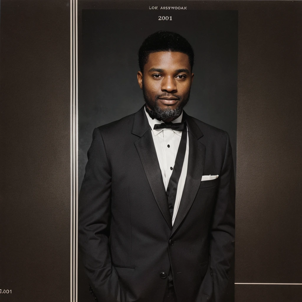 A photo of a 30 year old black man wearing a tuxedo Yearbook photo style