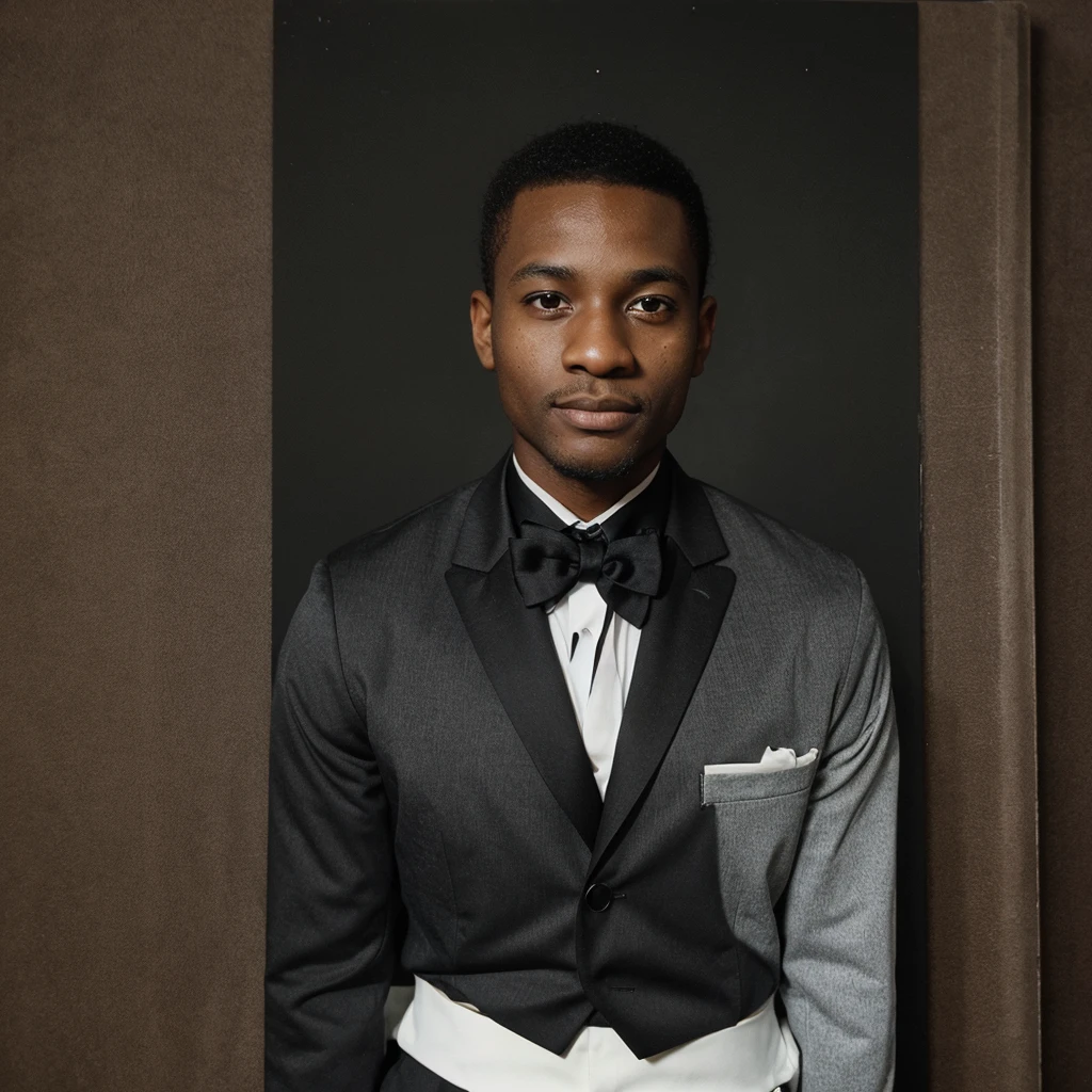 A photo of a 30 year old black man wearing a tuxedo Yearbook photo style