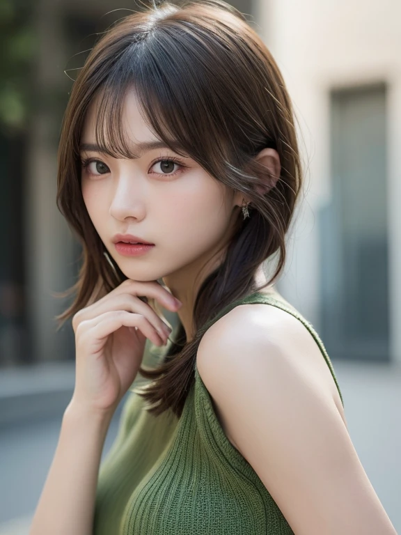 (masterpiece:1.3), (8k, Photorealistic, RAW Photos, Best image quality: 1.4), 20-year-old girl、(Random Hairstyles:1.2)、Super detailed face、Attention to detail、double eyelid、Sharp focus:1.2、Beautiful woman:1.4、Light brown hair、Highest quality、masterpiece、Ultra-high resolution、(Photorealistic:1.4)、Highly detailed and professional lighting、Green Sheer Knit Wear、thin、Serious expression、Short-haired、Deadly position、Clear Skin、Random pose、Shiny Hair、Sculpture model pose、