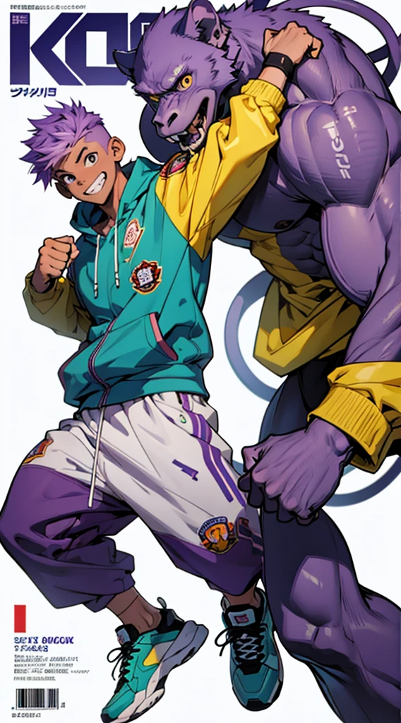 whole body, Magazine Cover, Punching pose, Jump up, A light purple monkey-themed character, サイバーパンク, Wearing big sneakers, skin fang, Simple Background, boy, ショートカット, crazy eyes, tsurime, grin, raised fist, projected inset, UHD, best quality, highres, 8k
