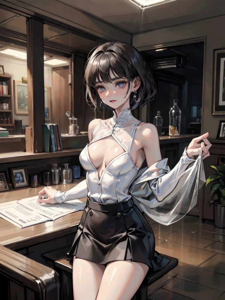 absurdres, RAW photo, extremely delicate and beautiful, masterpiece, Best Quality, ultra high resolution, 32k, hyperrealistic, ultra-detailed, perfect anatomy, anatomically correct, perfect figure, Perfect Style, Perfect balance, in her 20s, very Slim body, narrow waist, very small head, very small face, delicate facial features, detailed face, detailed eyes, tearful mole, earring, very huge round breasts, whole body shot, whole legs, medium hair, asymmetrical hair, indoor, skirt, camisole,