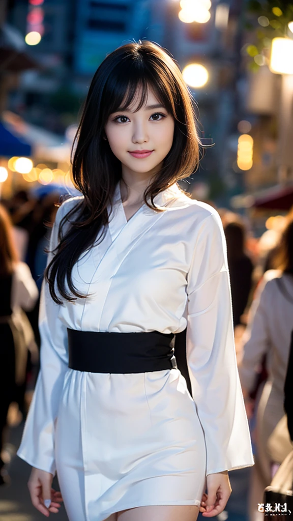masterpiece, Highest quality,16K, Ultra-high resolution,The light and shadow of reality,((Enjoy a summer night festival wearing a long-sleeved yukata)),((The whole body is shown)),((Very skinny)),((Very slim and long beautiful thighs)),((Very slim and long beautiful calves)),((High nose、Small Mouth)),((Clean and slim face line)),((Big dark eyes with long eyelashes)),((Very small face))((Very slim and beautiful arms)),((She is very slim and has a great figure)),((Pure white beautiful skin)),((Cute Japanese Girls)),(Beautiful Eyes:1.1),Reflecting clear eyes and a gentle smile,