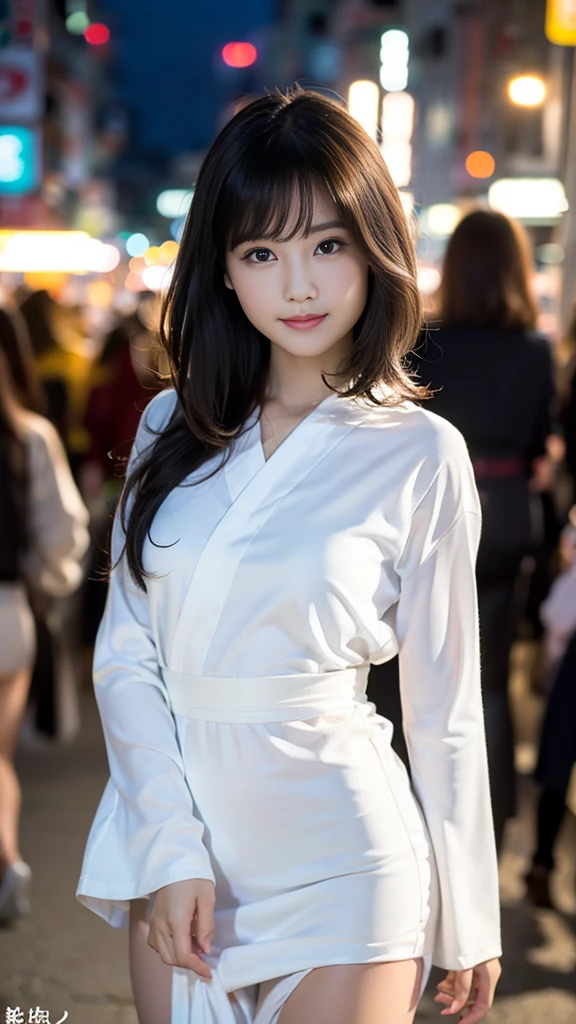 masterpiece, Highest quality，16K, Ultra-high resolution，The light and shadow of reality，((Enjoy a summer night festival wearing a long-sleeved yukata)),((The whole body is shown)),((Very skinny)),((Very slim and long beautiful thighs)),((Very slim and long beautiful calves)),((High nose、Small Mouth)),((Clean and slim face line)),((Big dark eyes with long eyelashes)),((Very small face))((Very slim and beautiful arms)),((She is very slim and has a great figure)),((Pure white beautiful skin)),((Cute Japanese Girls)),(Beautiful Eyes:1.1)，Reflecting clear eyes and a gentle smile,