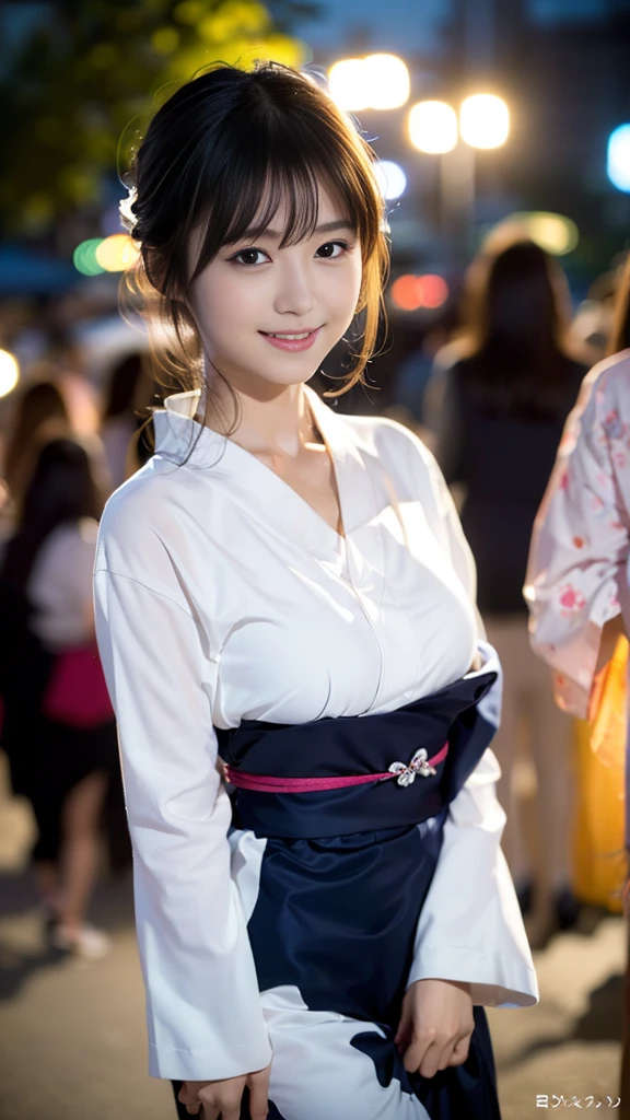 masterpiece, Highest quality,16K, Ultra-high resolution,The light and shadow of reality,((Enjoy a summer night festival wearing a long-sleeved yukata)),((The whole body is shown)),((Very skinny)),((Very slim and long beautiful thighs)),((Very slim and long beautiful calves)),((High nose、Small Mouth)),((Clean and slim face line)),((Big dark eyes with long eyelashes)),((Very small face))((Very slim and beautiful arms)),((She is very slim and has a great figure)),((Pure white beautiful skin)),((Cute Japanese Girls)),(Beautiful Eyes:1.1),Reflecting clear eyes and a gentle smile,