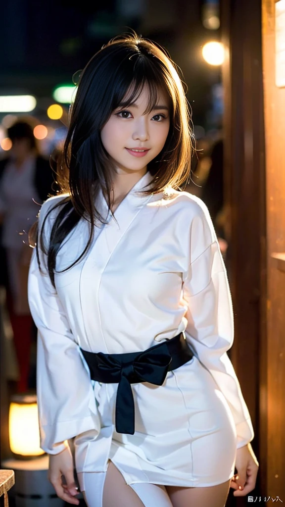 masterpiece, Highest quality,16K, Ultra-high resolution,The light and shadow of reality,((Enjoy a summer night festival wearing a long-sleeved yukata)),((The whole body is shown)),((Very skinny)),((Very slim and long beautiful thighs)),((Very slim and long beautiful calves)),((High nose、Small Mouth)),((Clean and slim face line)),((Big dark eyes with long eyelashes)),((Very small face))((Very slim and beautiful arms)),((She is very slim and has a great figure)),((Pure white beautiful skin)),((Cute Japanese Girls)),(Beautiful Eyes:1.1),Reflecting clear eyes and a gentle smile,
