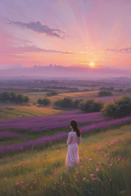 Highest quality、Landscape painting、Standing alone in the vast grassland、At dusk、Light purple sky