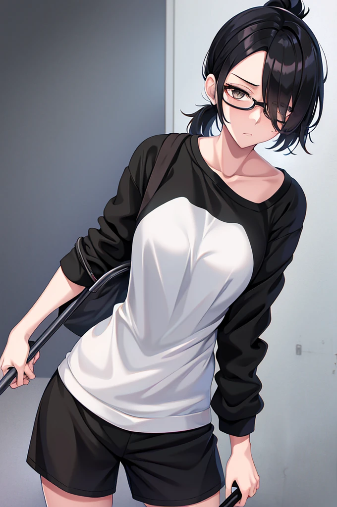 woman, hair over one eye, golden eyes, Tomboy, standing, black sweatshorts, white shirt, looking at viewer, black short hair with a ponytail, bedroom background, round glasses, bags under eyes, tired, solo, using a crutch, disabled, leaning on wall