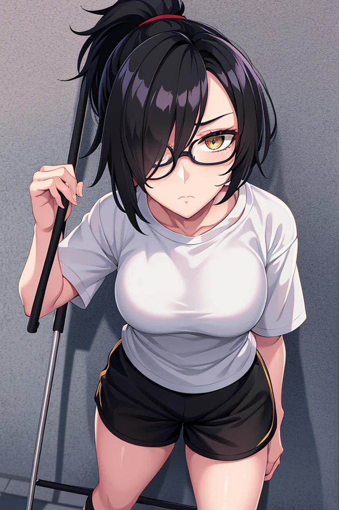 woman, hair over one eye, golden eyes, Tomboy, standing, black sweatshorts, white shirt, looking at viewer, black short hair with a ponytail, bedroom background, round glasses, bags under eyes, tired, solo, using a crutch, disabled, leaning on wall