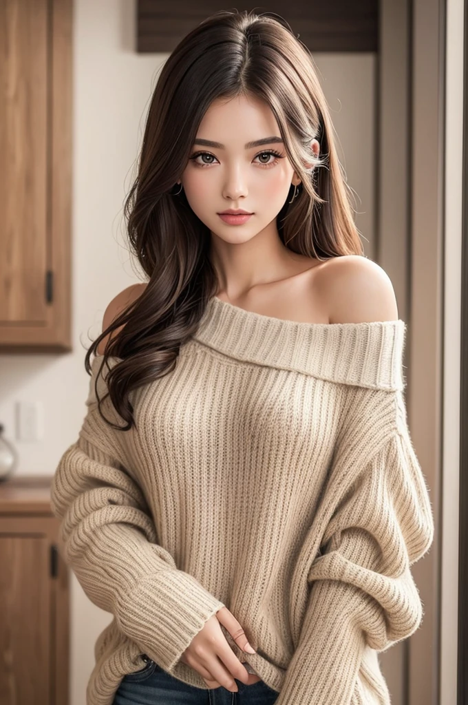 ((best quality)), ((masterpiece)), (detailed), 1 Girl, Off-shoulder sweater,