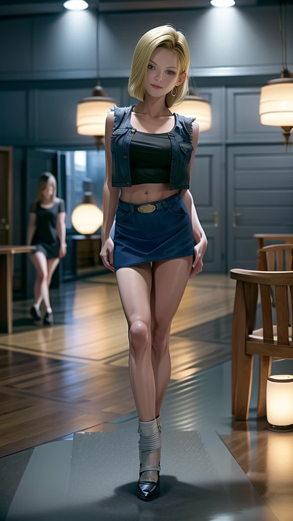 Highest quality, High resolution, AND18, 1 girl, Android 18, alone, Blonde, blue eyes, short hair, Cute Smile，Earrings, jewelry, Denim dress, Open Vest, Black sports bra, Jeans Mini Skirt,  Blue mini skirt, Small breasts, Cowboy Shot, She is wearing black short boots，Under the spotlight of the stage,