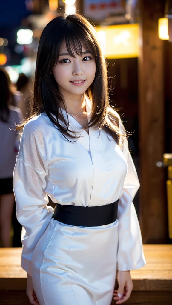 masterpiece, Highest quality,16K, Ultra-high resolution,The light and shadow of reality,((Enjoy a summer night festival wearing a long-sleeved yukata)),((The whole body is shown)),((Very skinny)),((Very slim and long beautiful thighs)),((Very slim and long beautiful calves)),((High nose、Small Mouth)),((Clean and slim face line)),((Big dark eyes with long eyelashes)),((Very small face))((Very slim and beautiful arms)),((She is very slim and has a great figure)),((Pure white beautiful skin)),((Cute Japanese Girls)),(Beautiful Eyes:1.1),Reflecting clear eyes and a gentle smile,