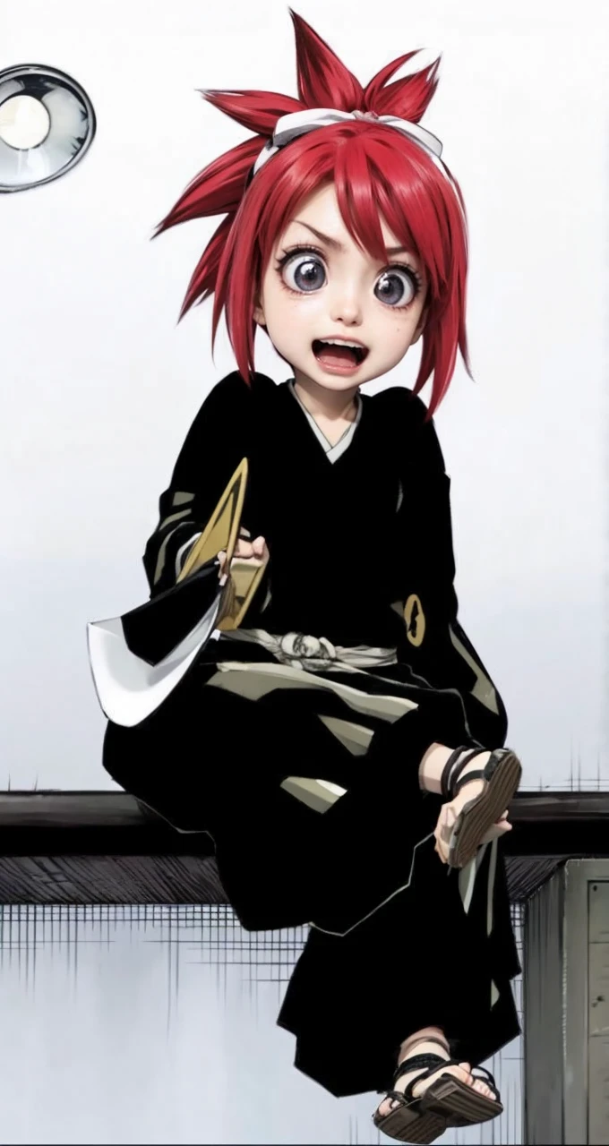 Abarai_Ichika, twelve years old, eyes black, red hair tied into a spiky ponytail, in a naruto anime setting, with anime features, anime image, qualidade hd.
