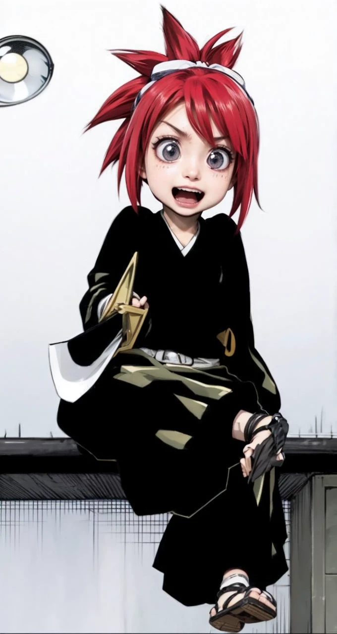 Abarai_Ichika, twelve years old, eyes black, red hair tied into a spiky ponytail, in a naruto anime setting, with anime features, anime image, qualidade hd.