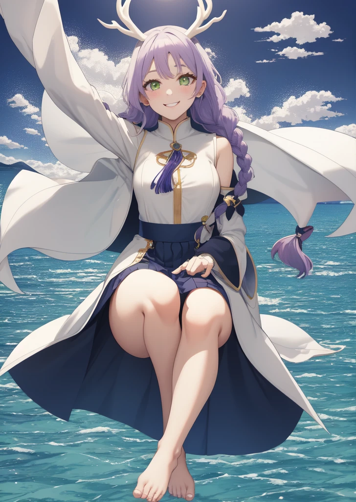 One girl, White Deer \(Serious Star Rail\), Wool skirt, swim, alone, smile, Purple Hair, Braid, Open your mouth, Long Hair, Green Eyes, Dragon Horn, Removable sleeves, cute, Clothes, Braid, Yellow tassel, blue and white Clothes, Black Skirt, barefoot, Blue background, Ocean, masterpiece, Highest quality, water, detailed, whole body, short boots, masterpiece, Highest quality,Put your hand over your mouth