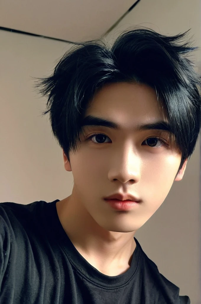 One boy, Young man with black hair  ((Mash straight hair)),Male idol style, Medium size portrait, Oval Face, vivid,In a dark room Taking a selfie with your smartphone,(In a dark room)