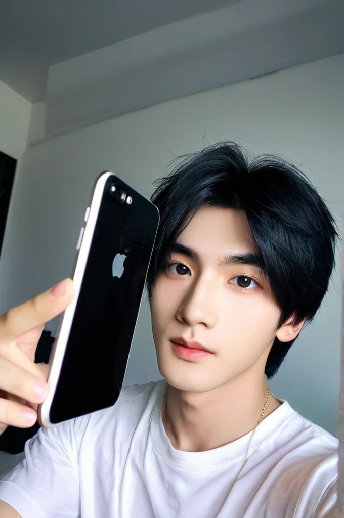 One boy, Young man with black hair  ((Mash straight hair)),Male idol style, Medium size portrait, Oval Face, vivid,In a dark room Taking a selfie with your smartphone,(In a dark room)