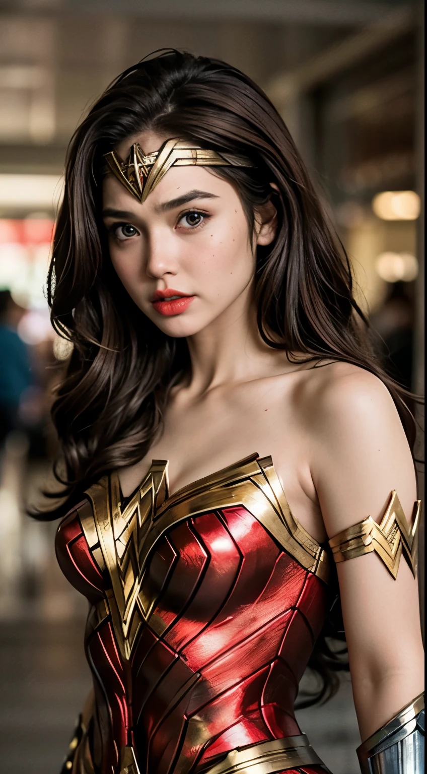 (Wearing Wonder Woman Costume), Very cute and baby-like face, Power puff girl, Naked, Angry pose, Angry face, (((BROWN HAIR MALAY GIRL))), masutepiece, High quality, UHD 45K, Realistic face, Realistic skin feeling , A Japanese Lady, , , Very cute and baby-like face, (((FLAT CHEST))), (MATRIX WORLD), ((look In front at the camera and SADNESS)), with Kamen Rider fashion, ((RED GOLD WONDER WOMAN COSTUME)), captured in ultra high resolution with photorealistic and beautiful lighting. This masterpiece is of the best quality and is set against a zentangle, (((CUTE GIRL))), ((RED LIPS)), ((NUDE)), ((CHUBBY)), ((WONDER WOMAN)). Malay girl wearing Red Gold Wonder Woman Costume in the Street City Building.