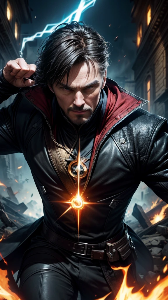 (masterpiece, Best image quality),One Man, A hero wearing a black leather suit, (Dynamic pose | Element Surround:1.2), Low angle view, Very detailed, Ruins of the battle, intense, Outdoor, Doctor Strange, wise