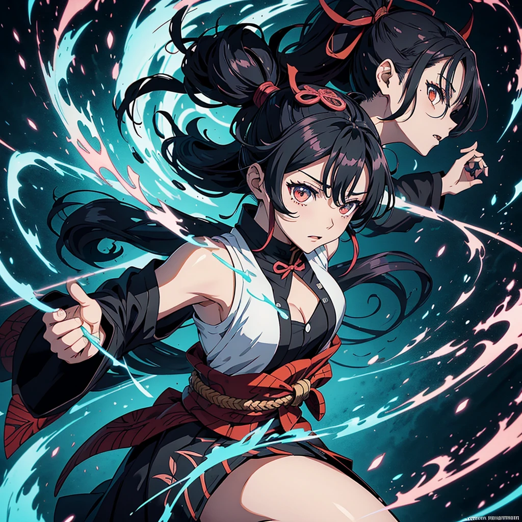 Kanroji Mitsuri from "Demon Slayer" (Kimetsu no Yaiba) in the anime’s signature style. Depict her with vibrant, detailed colors and dynamic, fluid lines that capture the essence of the series. Emphasize her unique and elegant Hashira outfit with its intricate patterns, flowing hair, and expressive eyes. The background should feature dramatic, high-energy action elements typical of "Demon Slayer," such as swirling mist or powerful combat effects. Ensure the character’s movement and pose reflect the grace and intensity of her fighting style, with a focus on dynamic angles and dramatic lighting that evoke the anime's distinctive look,mitsuri(demon slayer)