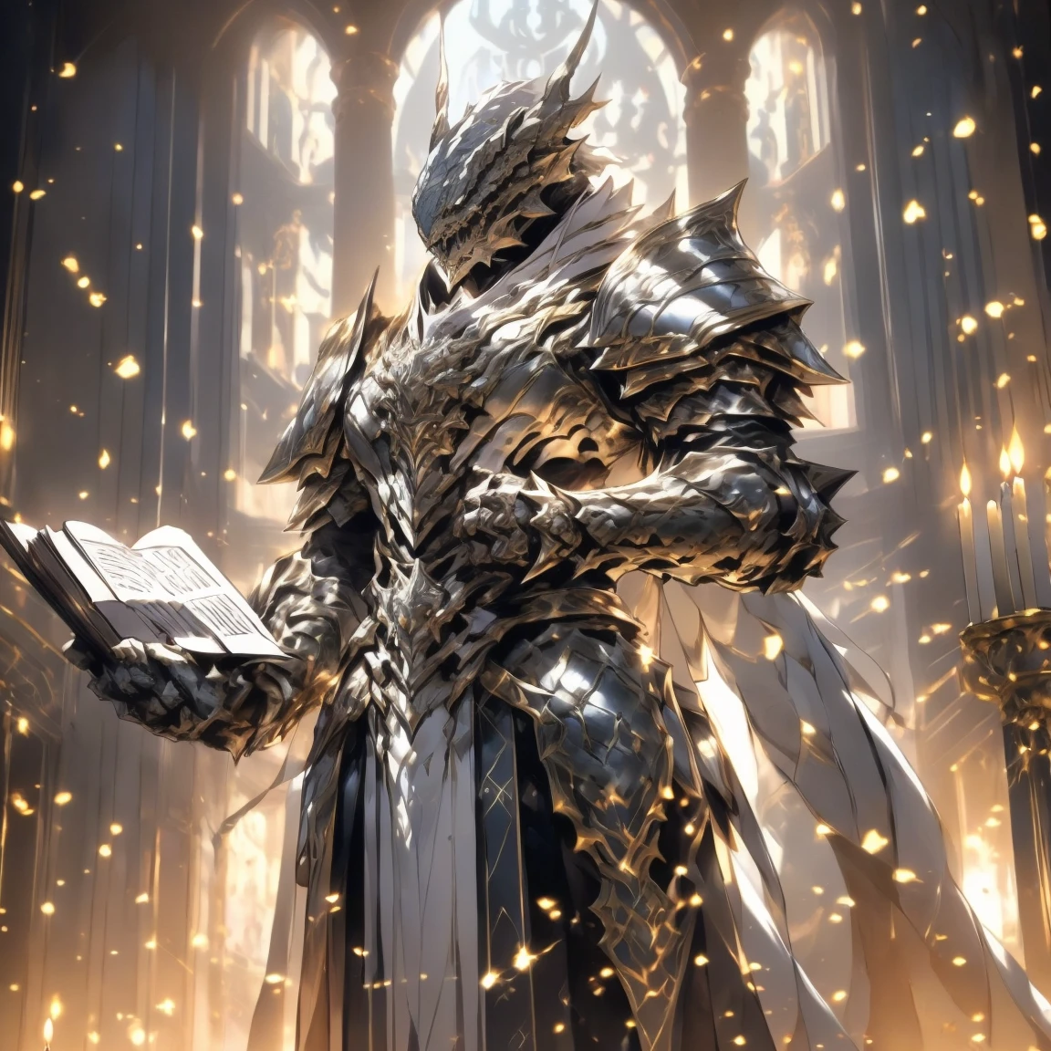 (silver dragonborn, male, golden horns, solo portrait, stoic pose, holding a book, black scales, scales, reptilian face, blue eyes) tail, buff, black and silver armor, black and silver chest armor, black and silver gauntlets, black and silver pauldrons, dark blue cloak, dark blue robes, inside, close-up, standing inside, good lighting, candles in back ground, in temple ((masterpiece, best quality)), art by greg rutkowski, 1 male, full body