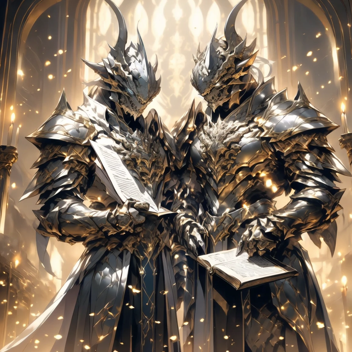 (silver dragonborn, male, golden horns, solo portrait, stoic pose, holding a book, black scales, scales, reptilian face, blue eyes) tail, buff, black and silver armor, black and silver chest armor, black and silver gauntlets, black and silver pauldrons, dark blue cloak, dark blue robes, inside, close-up, standing inside, good lighting, candles in back ground, in temple ((masterpiece, best quality)), art by greg rutkowski, 1 male, full body