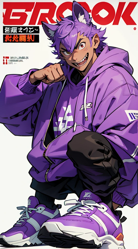 whole body, Magazine Cover, Punching pose, Jump up, A light purple monkey-themed character, サイバーパンク, Wearing big sneakers, skin fang, Simple Background, boy, ショートカット, crazy eyes, tsurime, grin, raised fist, projected inset, UHD, best quality, highres, 8k