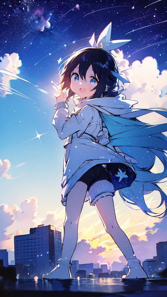 Fuji Mountain,Walking down the street,Girl,Black Hair,milky way,Twinkling Stars々,Beautiful sky,splash,Long Hair,Long legs,Blue Background,Ocean,Clear eyes and nose,cute,beautiful,Dazzling sky,blue sky,morning